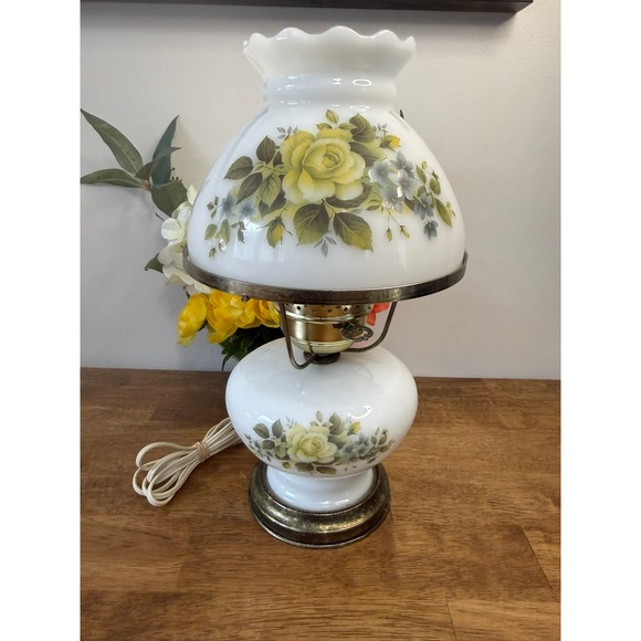 Other - Vintage Milk Glass Floral Hurricane Table Lamp Yellow Roses Electric Light‎ Farm